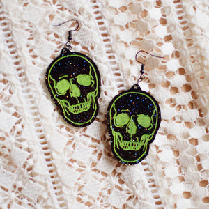 Earrings - Halloween Skull Dangles - Spooky Screams/Neon Green