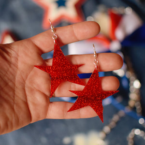 Earrings - 4th of July - Funky Star Dangles - Sparkle Red