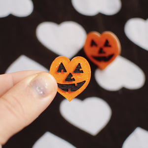 Earrings - Halloween Pumpkin Heart Studs - Ominous Orange