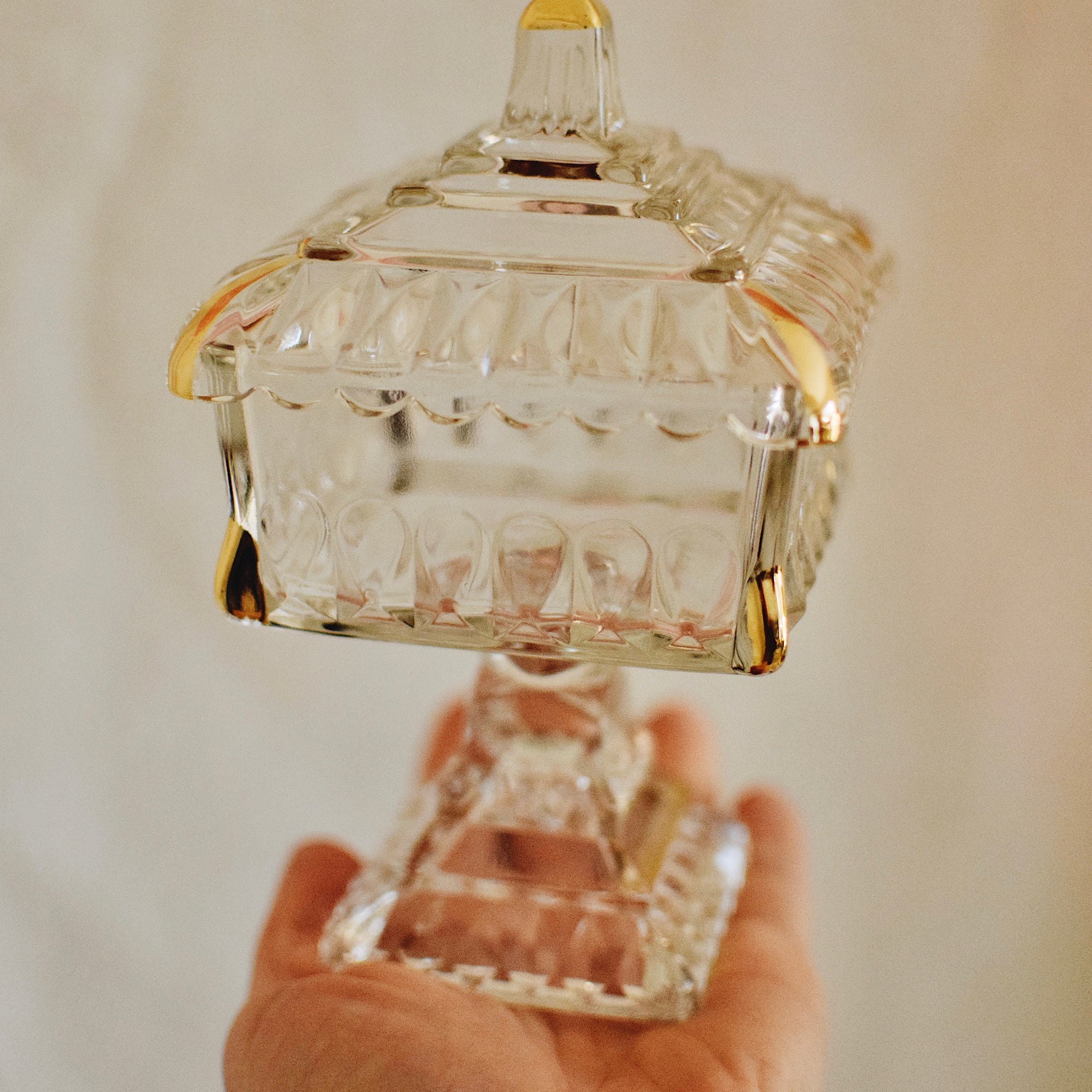 Thrifted Goods - Vintage Jeanette Glass Pedestal Glass Candy Dish (Clear w/Gold Accents)