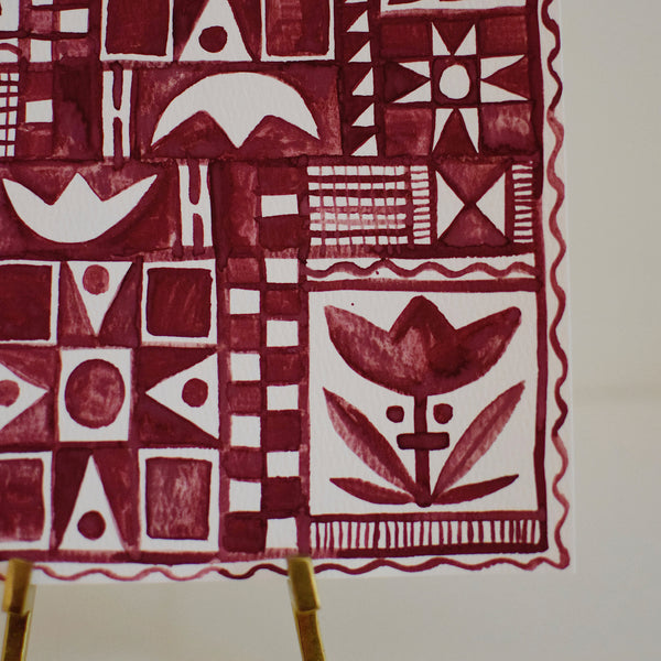 Kuwait Pattern Maroon Original Watercolor Painting - Quilt Patterns - Maroon - theblushingscript