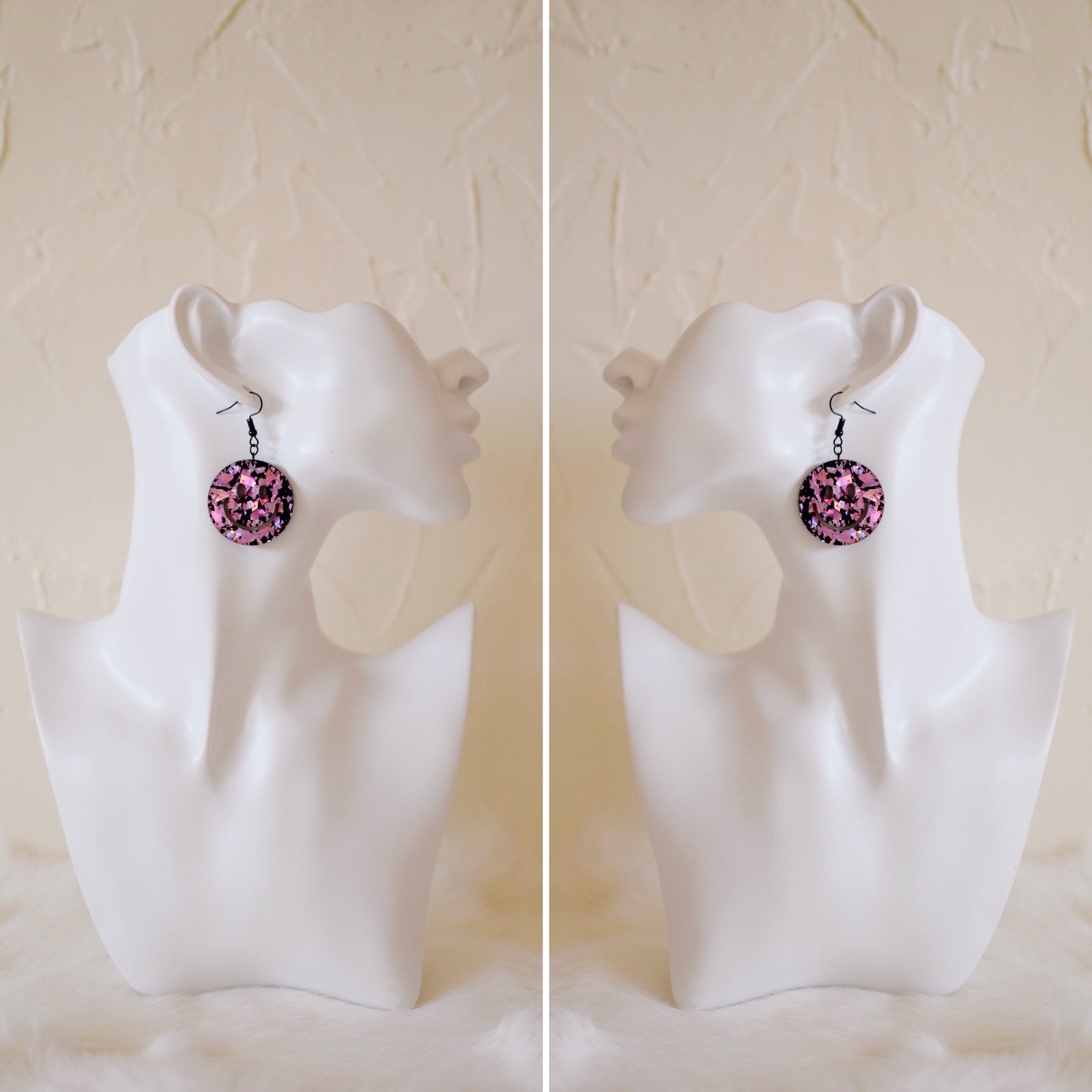 Earrings - Smiley Face Dangles -  Pink Party Confetti