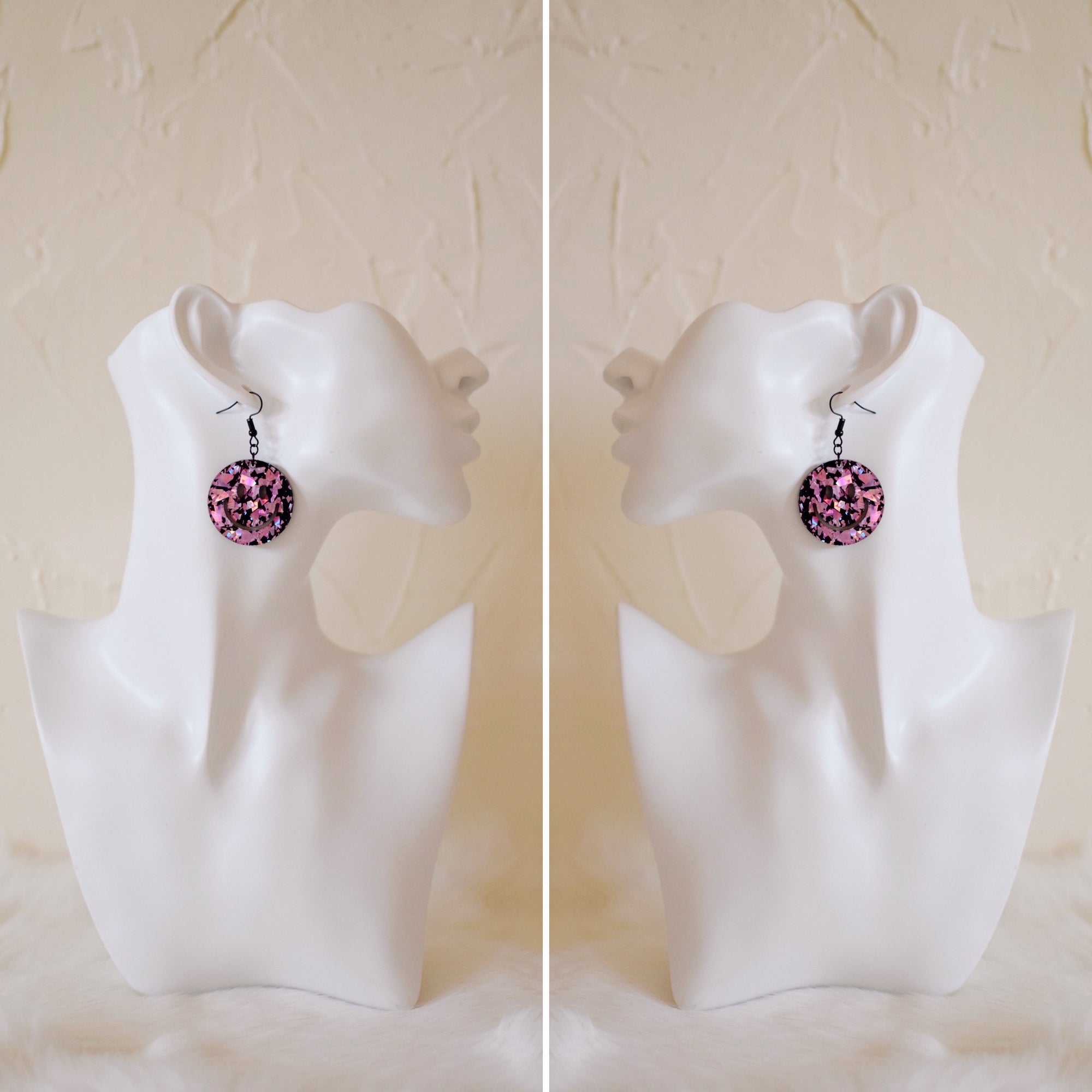 Earrings - Smiley Face Dangles -  Pink Party Confetti