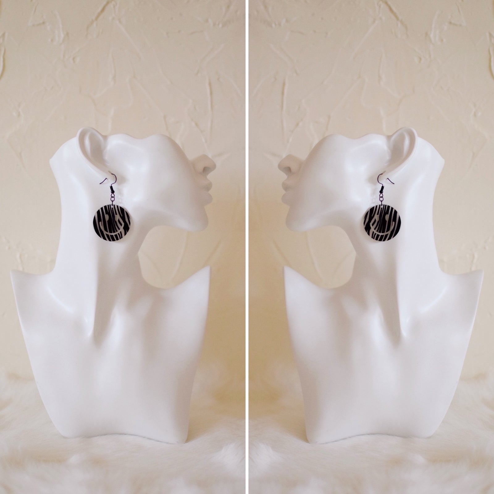 Earrings - Smiley Face Dangles - Zebra Stripe