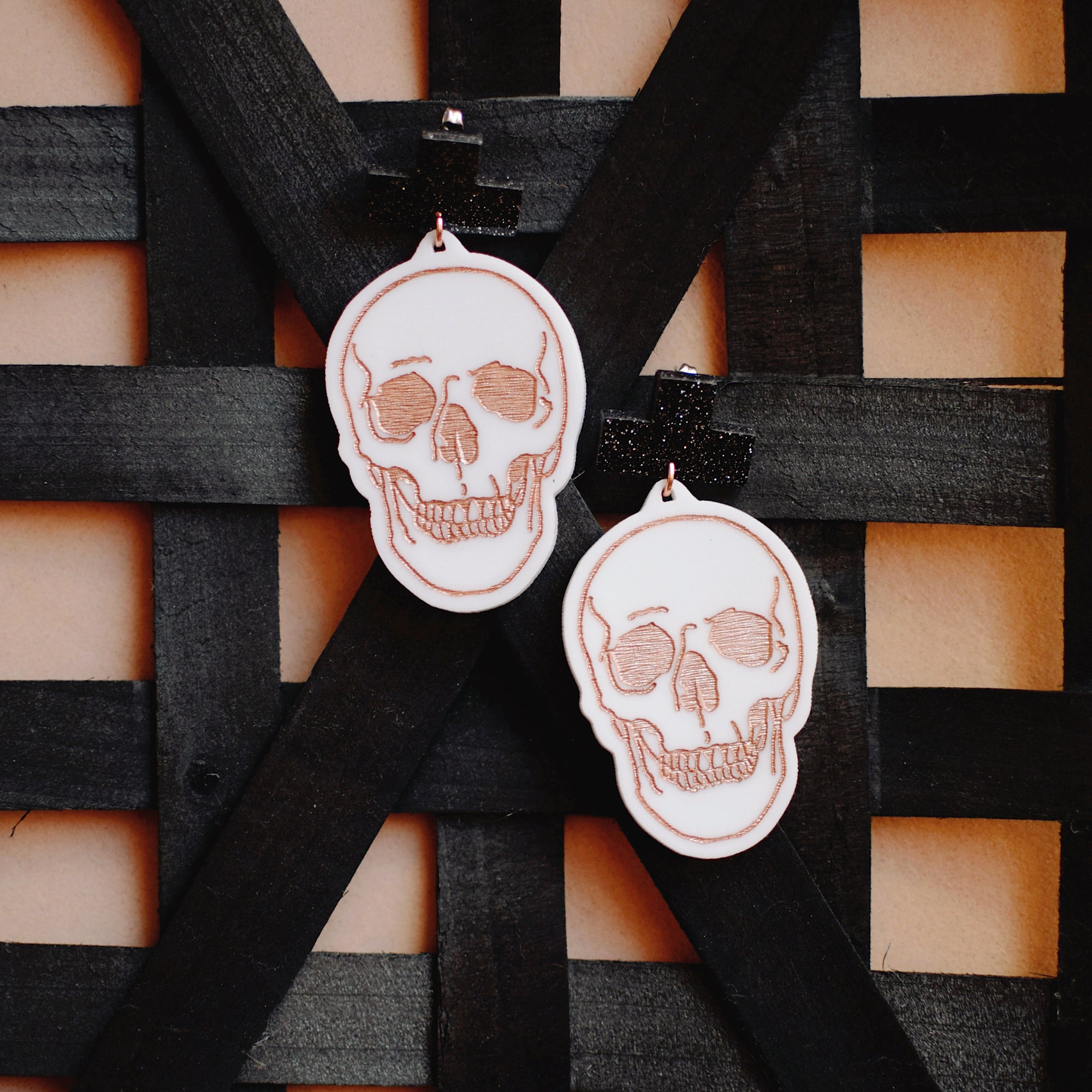 Earrings - Halloween Skull T Post Dangles - Fright White/Rose Gold + Black Sparkle Top