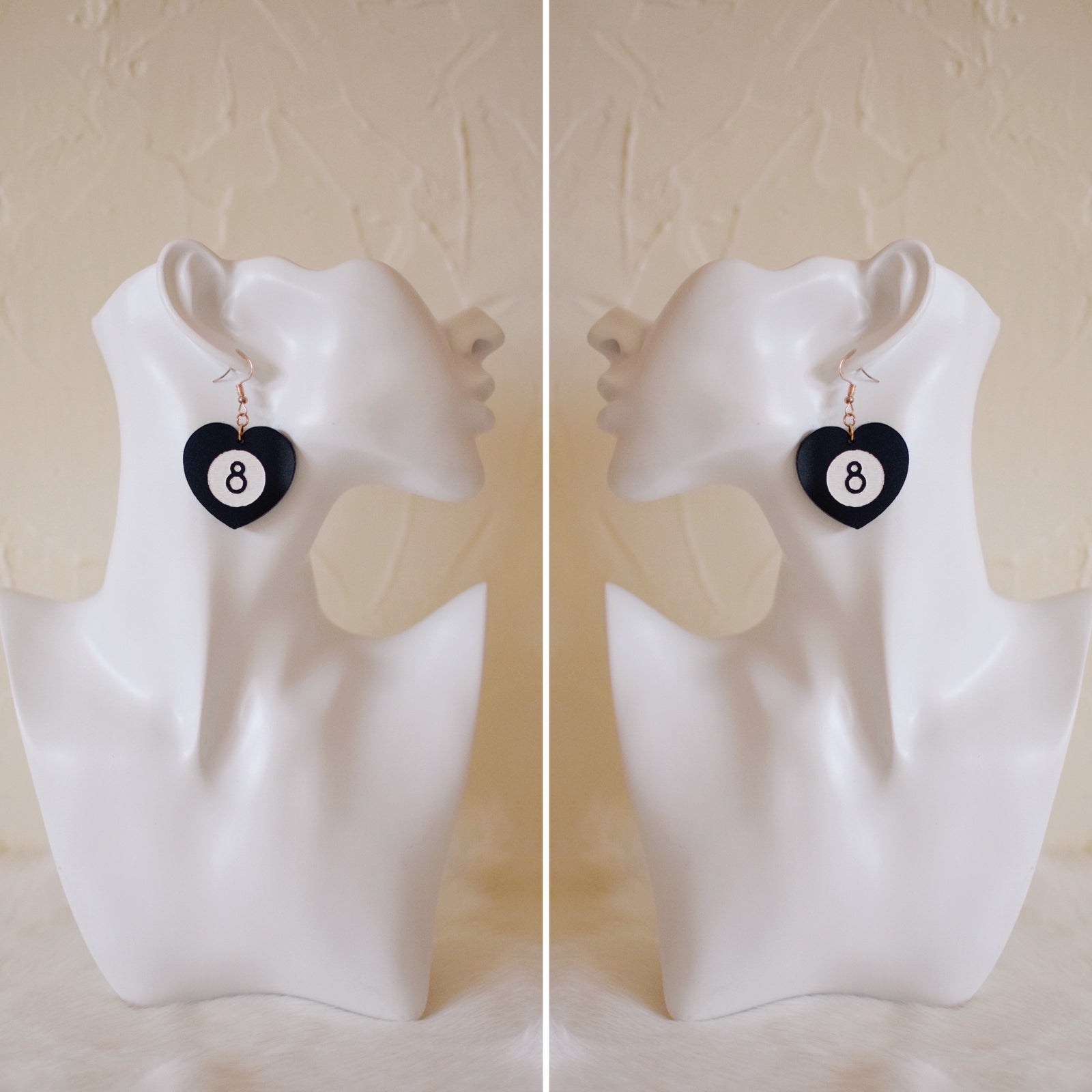 Earrings - Bar Collection - 8 Ball Heart Dangles - Black + White