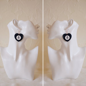 Earrings - Bar Collection - 8 Ball Heart Dangles - Black + White