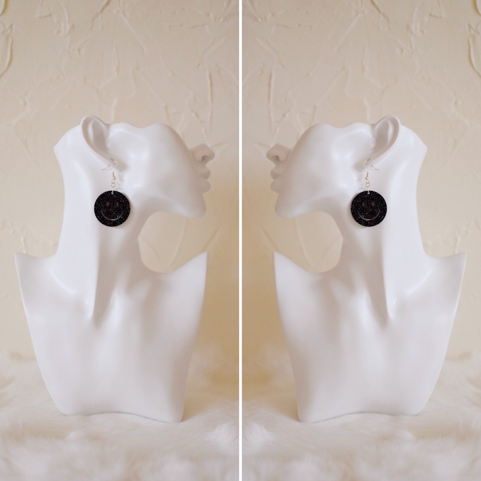 Earrings - Smiley Face Dangles - Black w/Silver Sparkle