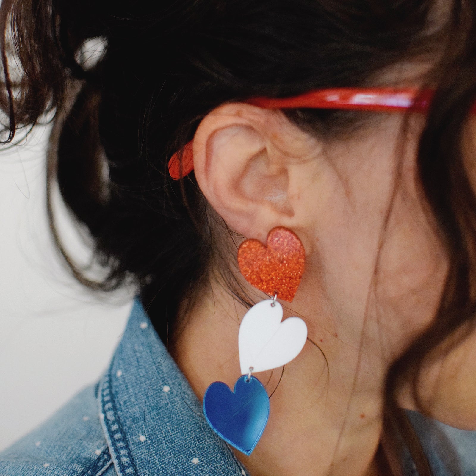 Earrings - 4th of July - Stacked Heart Dangles - Glitter Red, White + Mirrored Blue