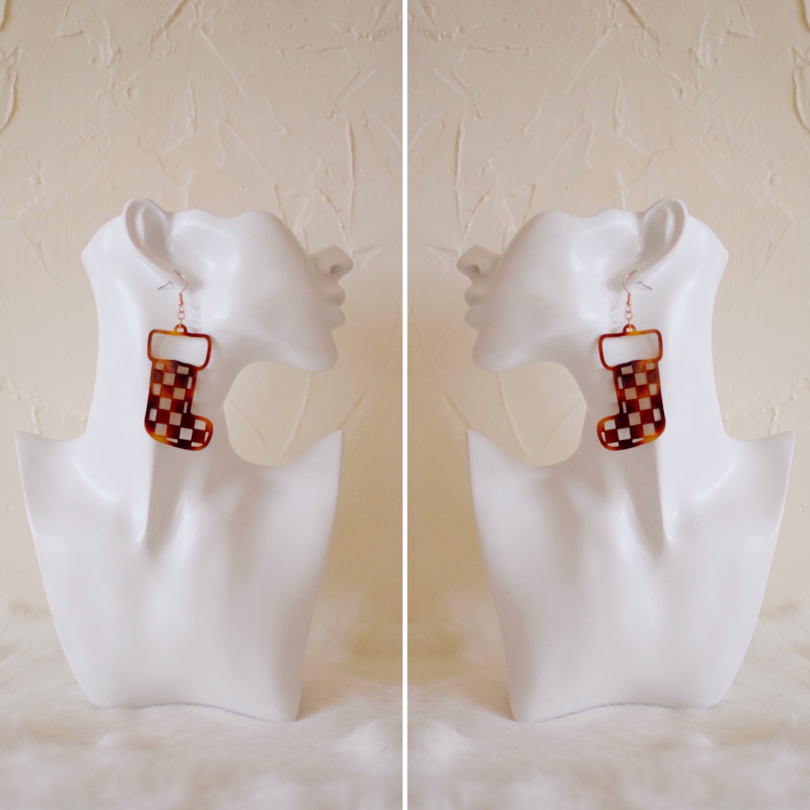 Earrings - Christmas - Tortoise Checkered Stocking Dangles