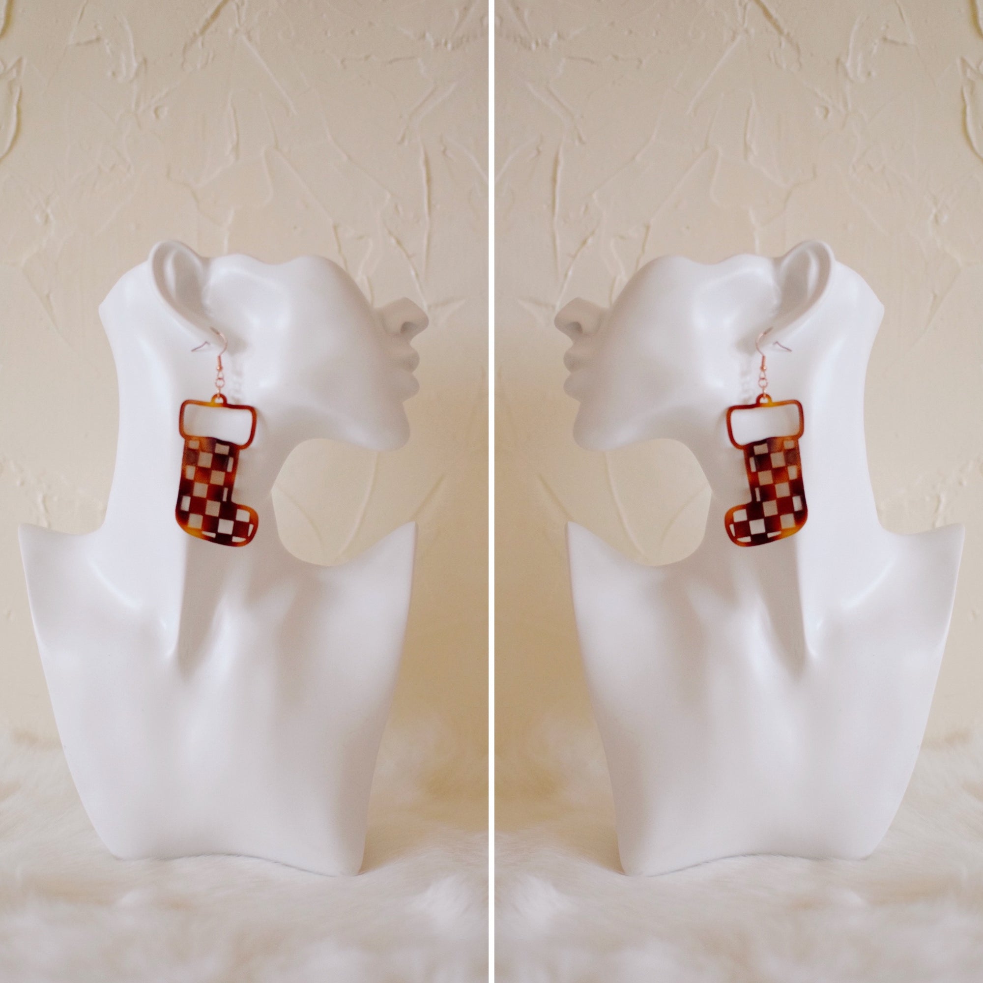 Earrings - Christmas - Tortoise Checkered Stocking Dangles