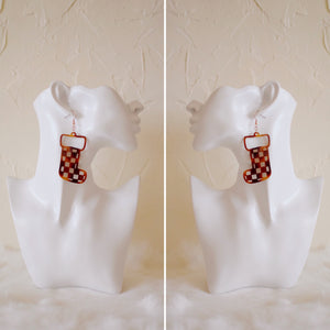 Earrings - Christmas - Tortoise Checkered Stocking Dangles