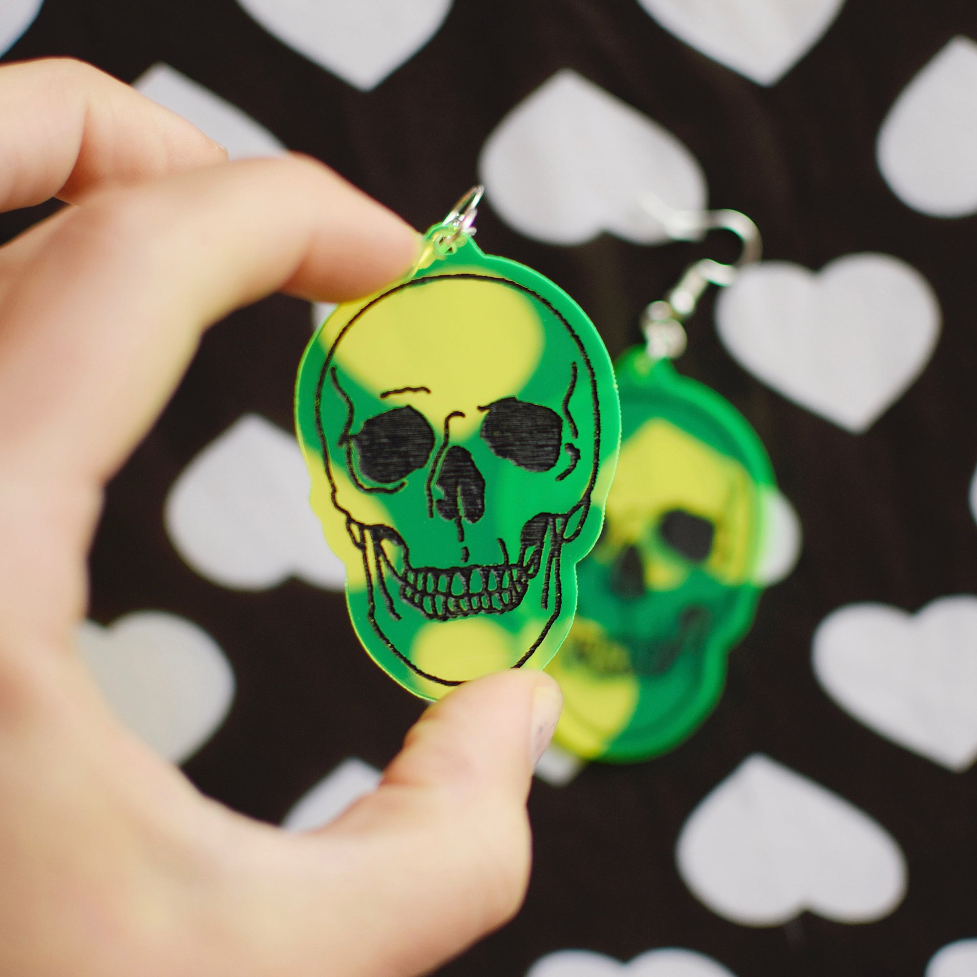 Earrings - Halloween Skull Dangles - Acid Slime/Black