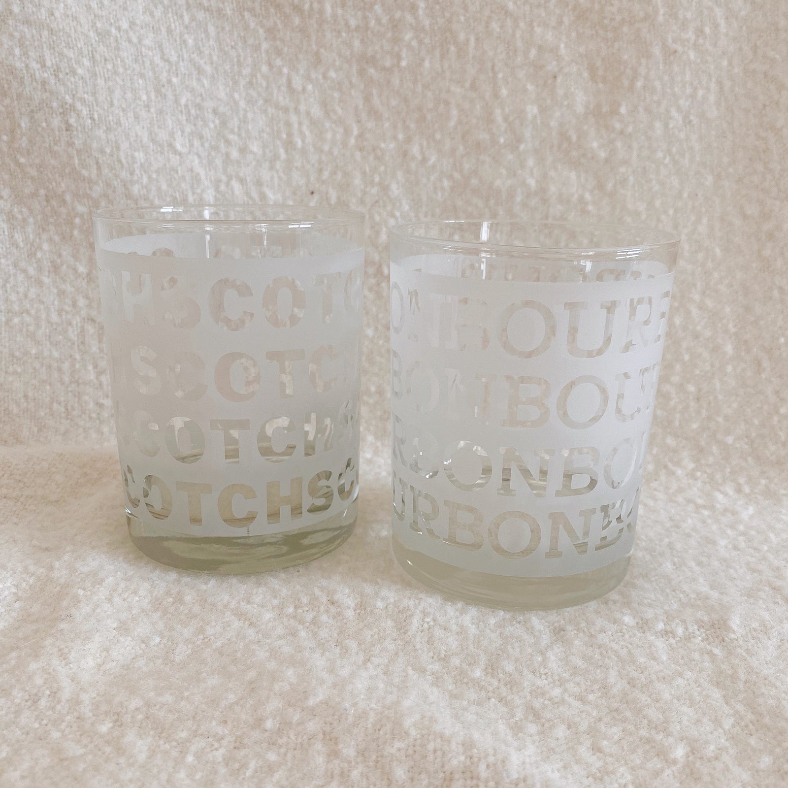 Styling Piece - Matching Pair of Novelty Frosted Bar Glasses (Bourbon + Scotch)