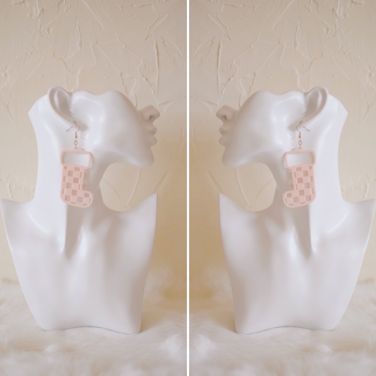 Earrings - Christmas - Pink Checkered Stocking Dangles