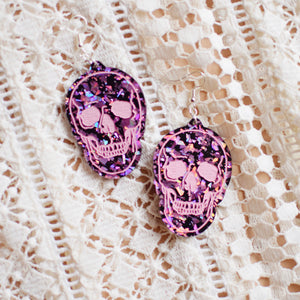 Earrings - Halloween Skull Dangles - Toil + Trouble/Pink