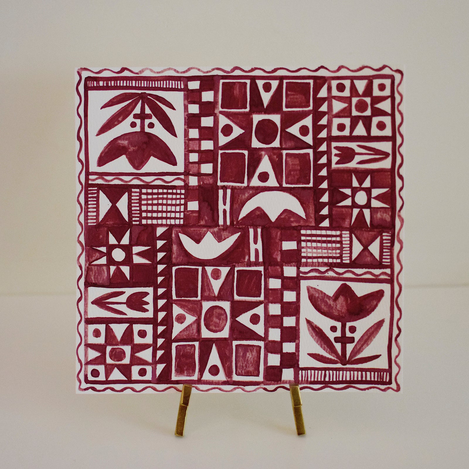 Original Watercolor Painting - Quilt Patterns - Maroon