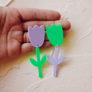 Earrings - Spring/Easter - Lilac/Lime Green Tulip Drops (Mis-matched)