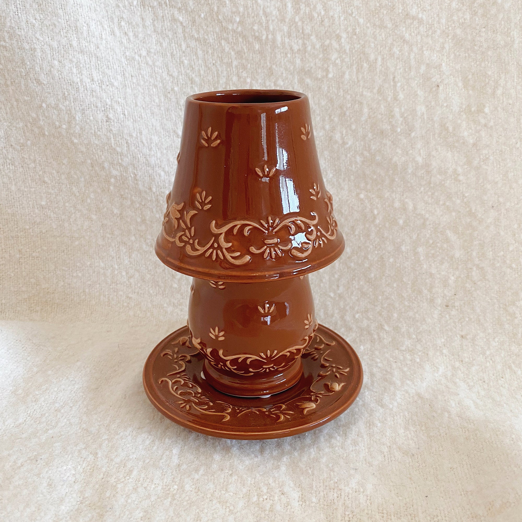 Thrifted Goods - Dainty Brown Floral Candle Shade, Topper and Underplate