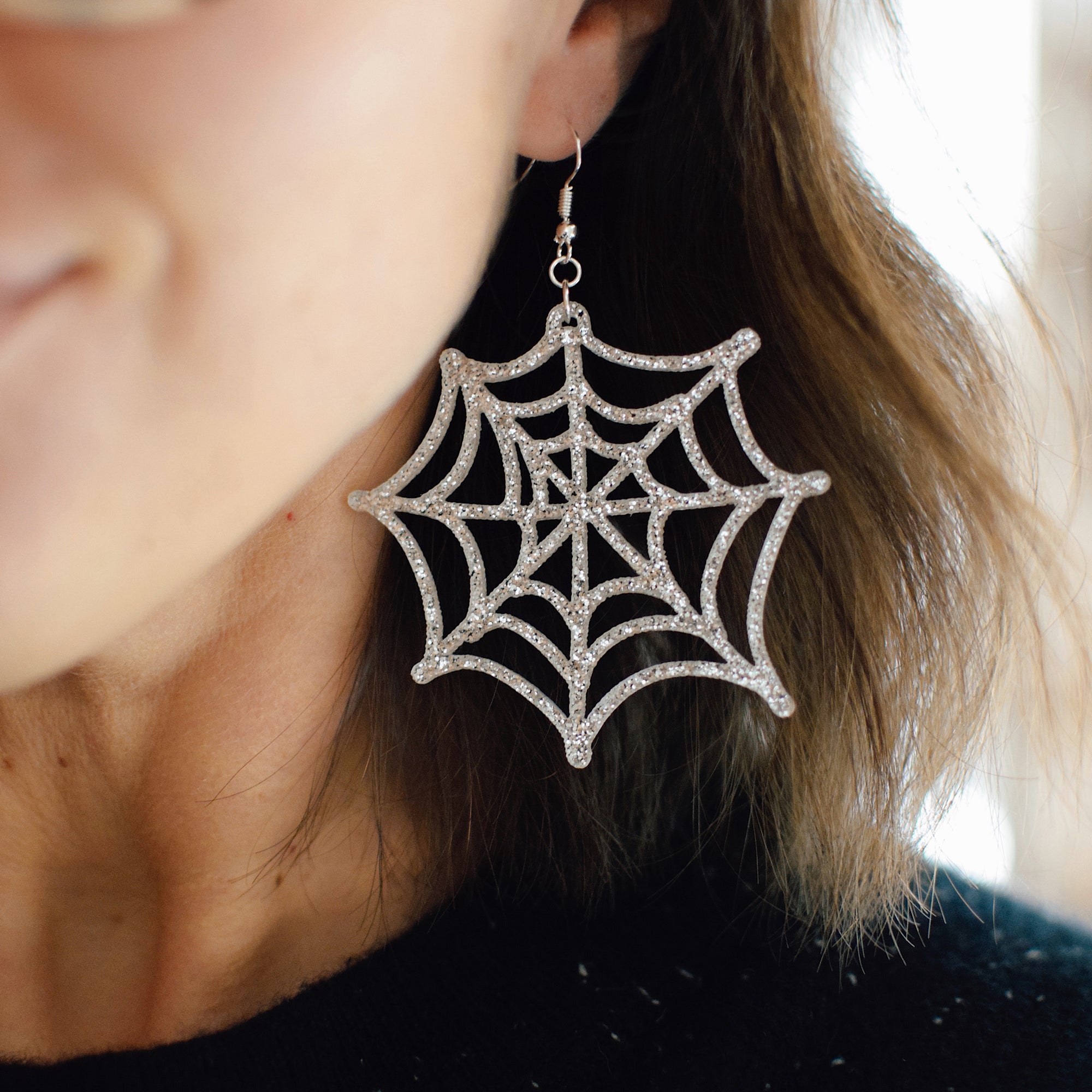 Earrings - Halloween Spiderweb Hoops - Fright White