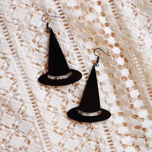 Earrings - Halloween Witch Hat Dangles - Black Cat
