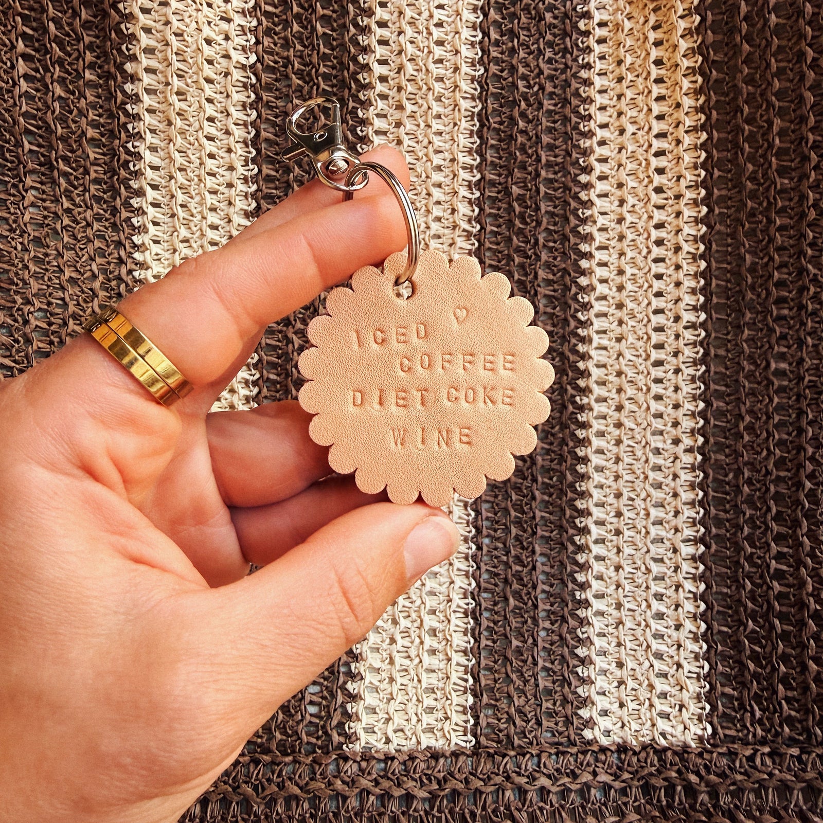 Keychain - Scalloped Edge Leather - ICED COFFEE DIET COKE WINE