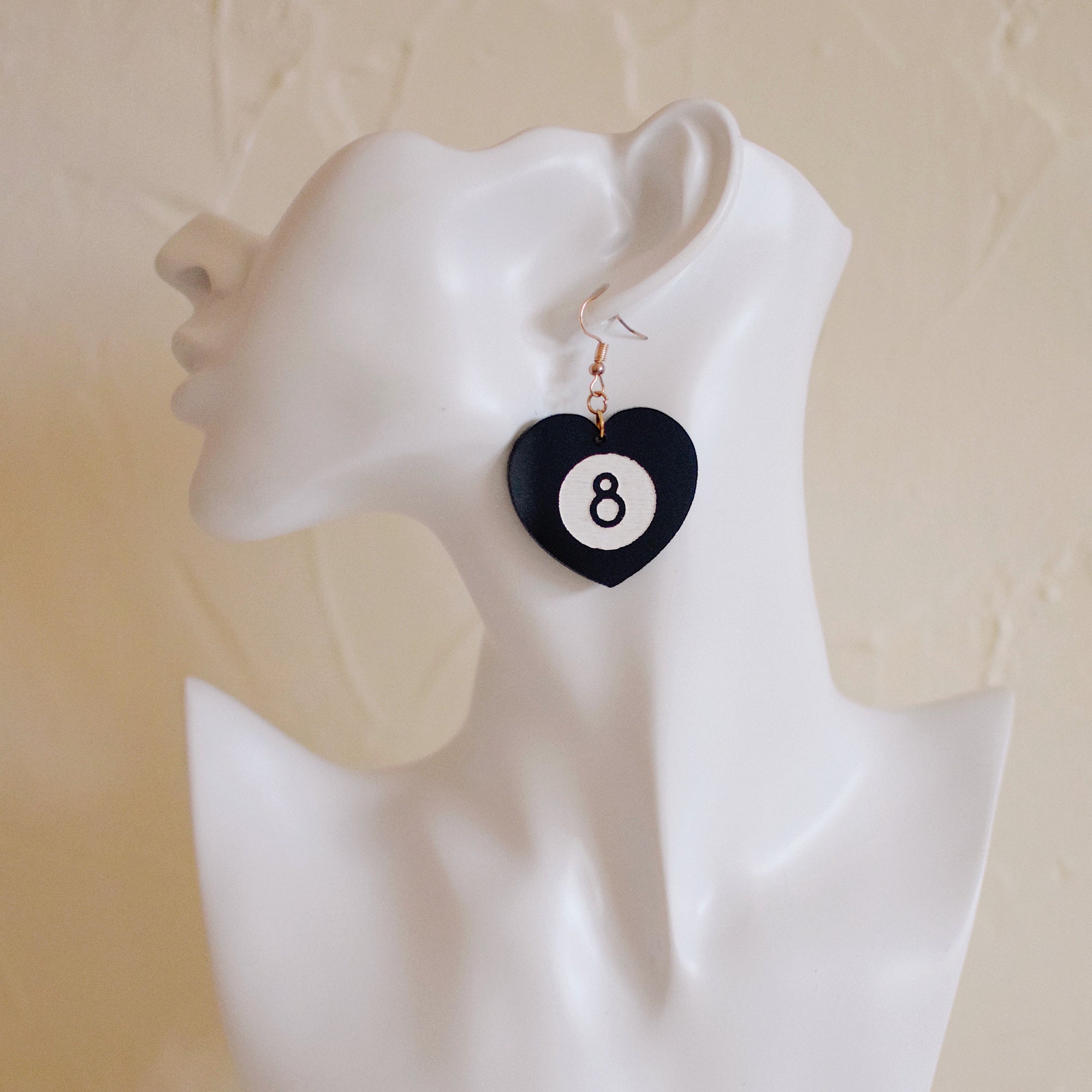 Earrings - Bar Collection - 8 Ball Heart Dangles - Black + White