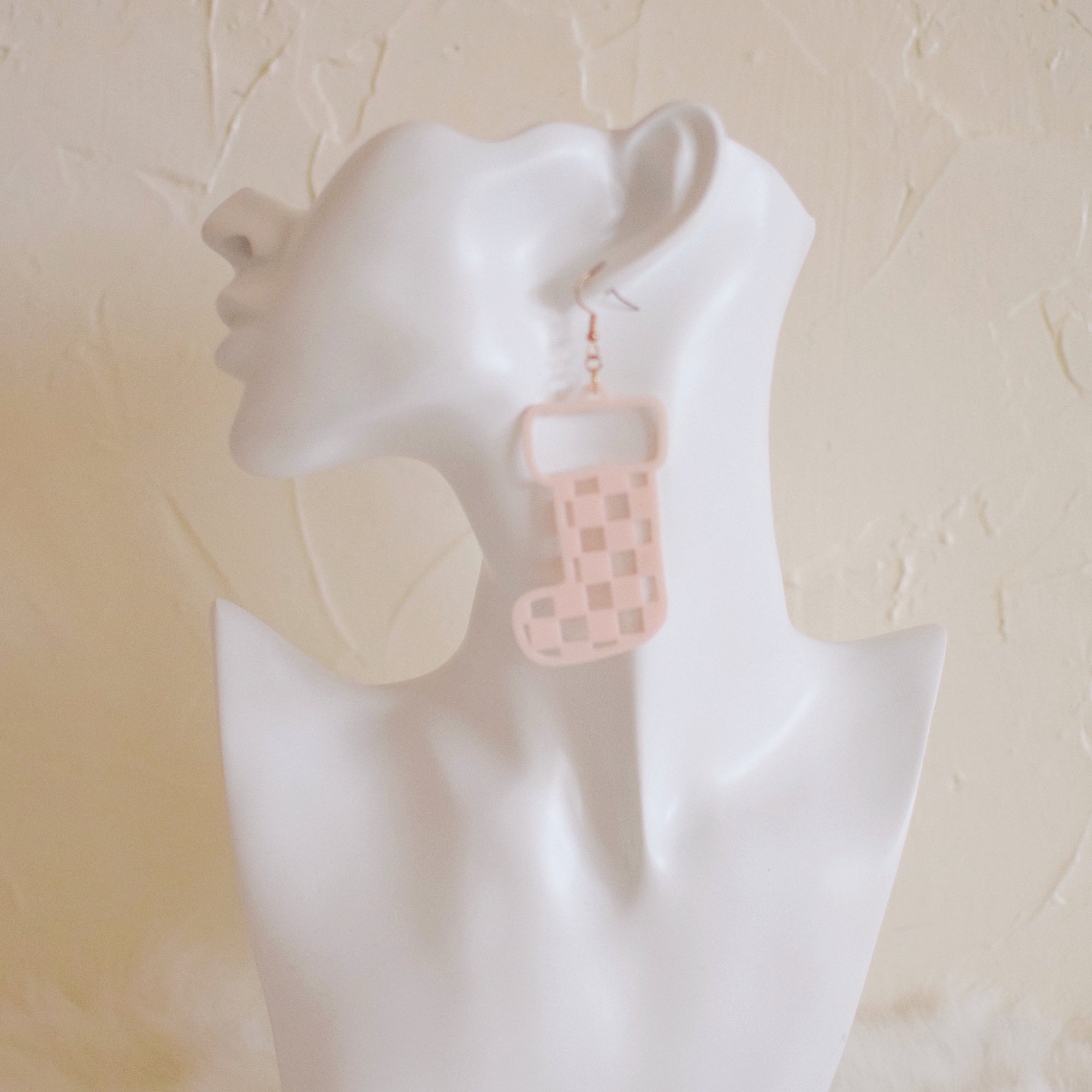 Earrings - Christmas - Pink Checkered Stocking Dangles