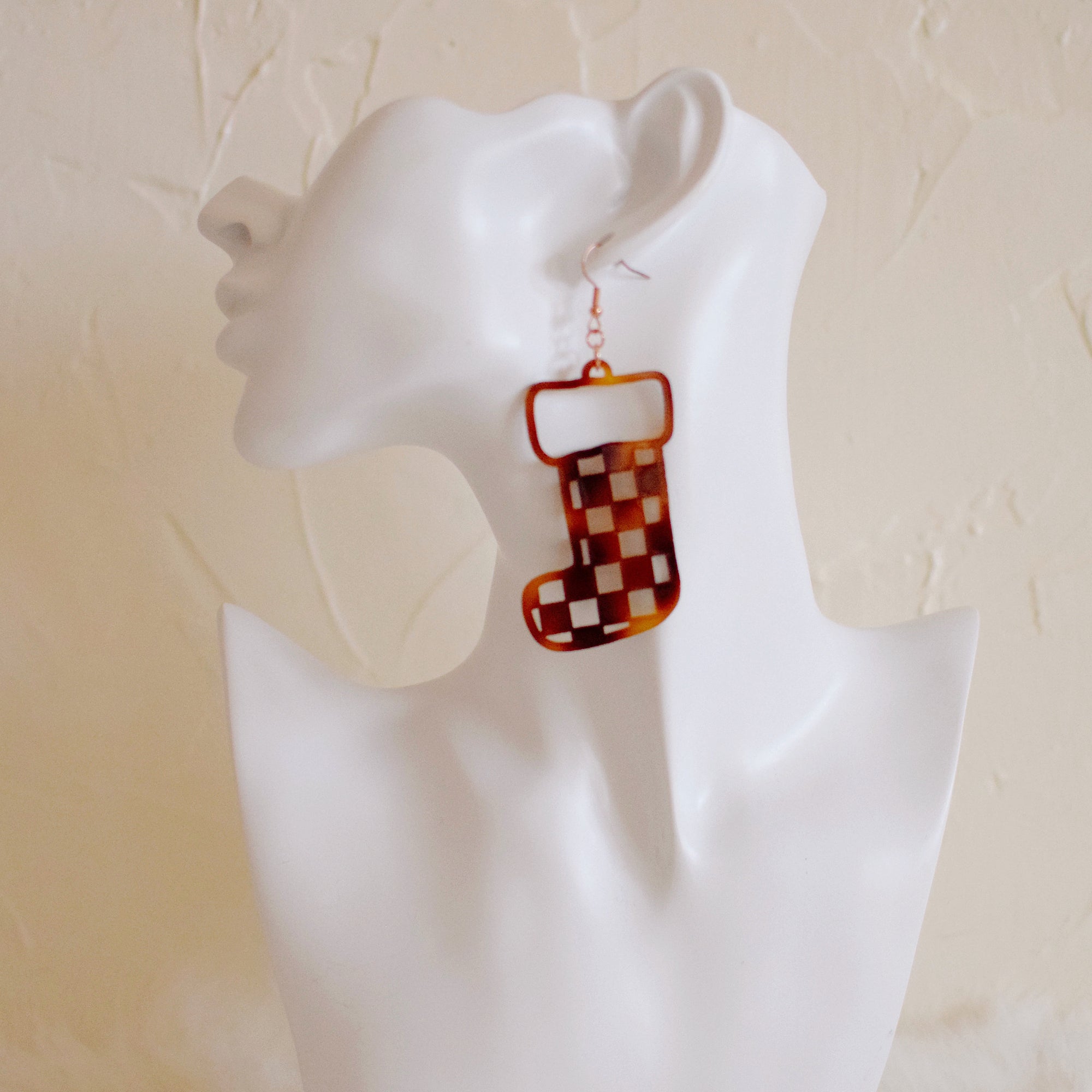 Earrings - Christmas - Tortoise Checkered Stocking Dangles