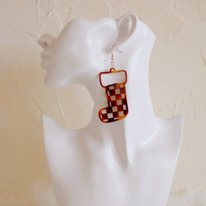 Earrings - Christmas - Tortoise Checkered Stocking Dangles