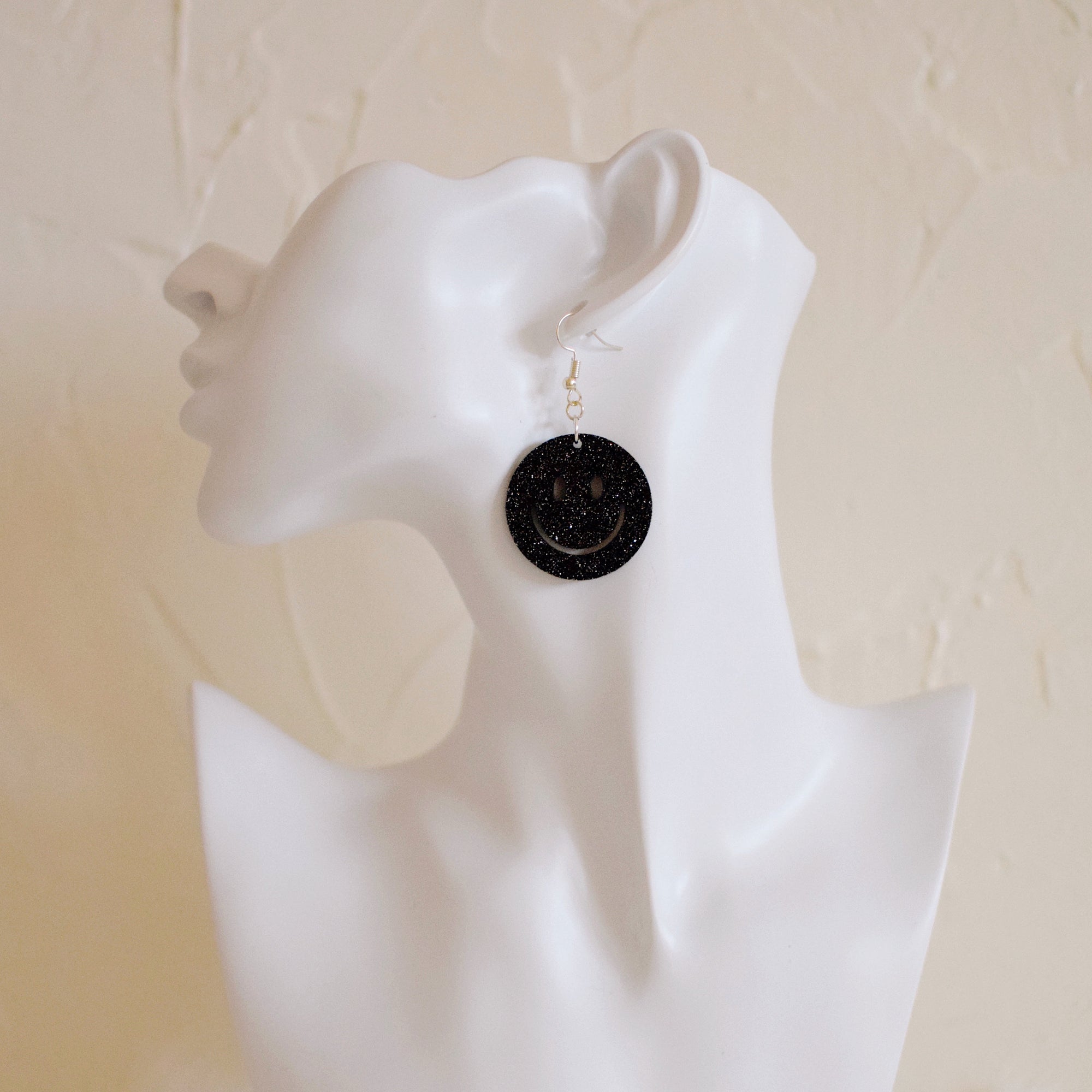 Earrings - Smiley Face Dangles - Black w/Silver Sparkle