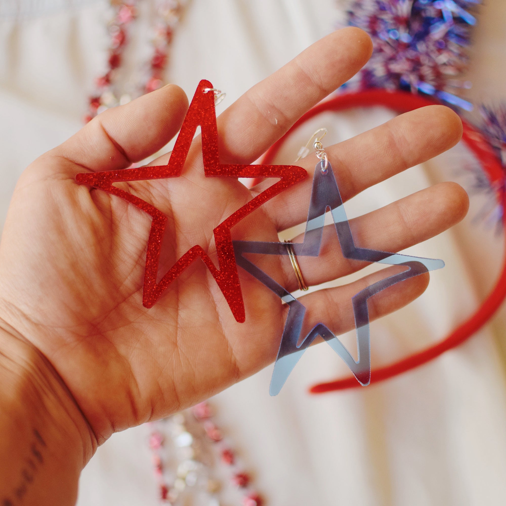Earrings - 4th of July - Big Star Outlines (Combo) - Sparkle Red/Translucent Blue