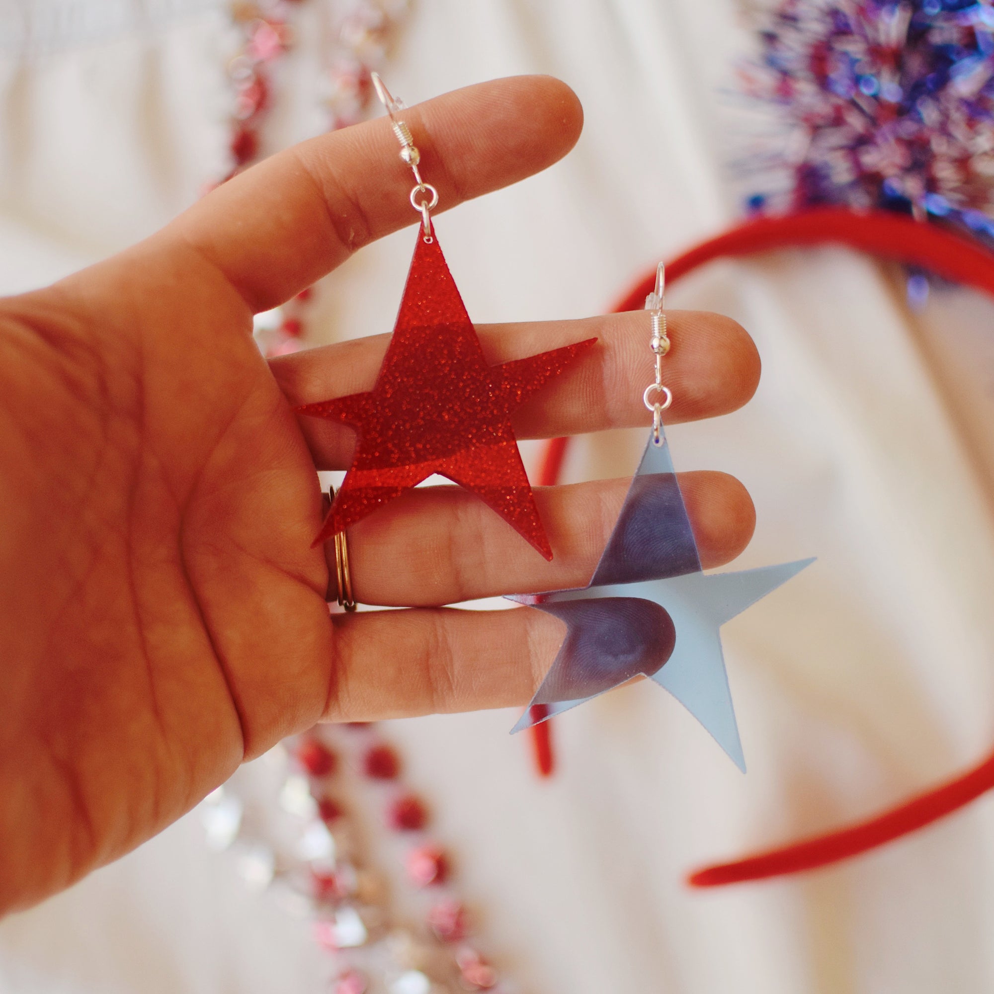 Earrings - 4th of July - Funky Star Dangles (Combo) - Sparkle Red/Translucent Blue