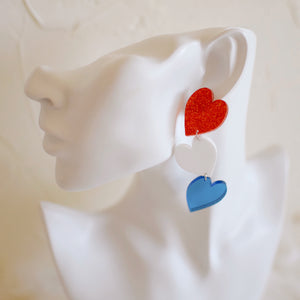 Earrings - 4th of July - Stacked Heart Dangles - Glitter Red, White + Mirrored Blue