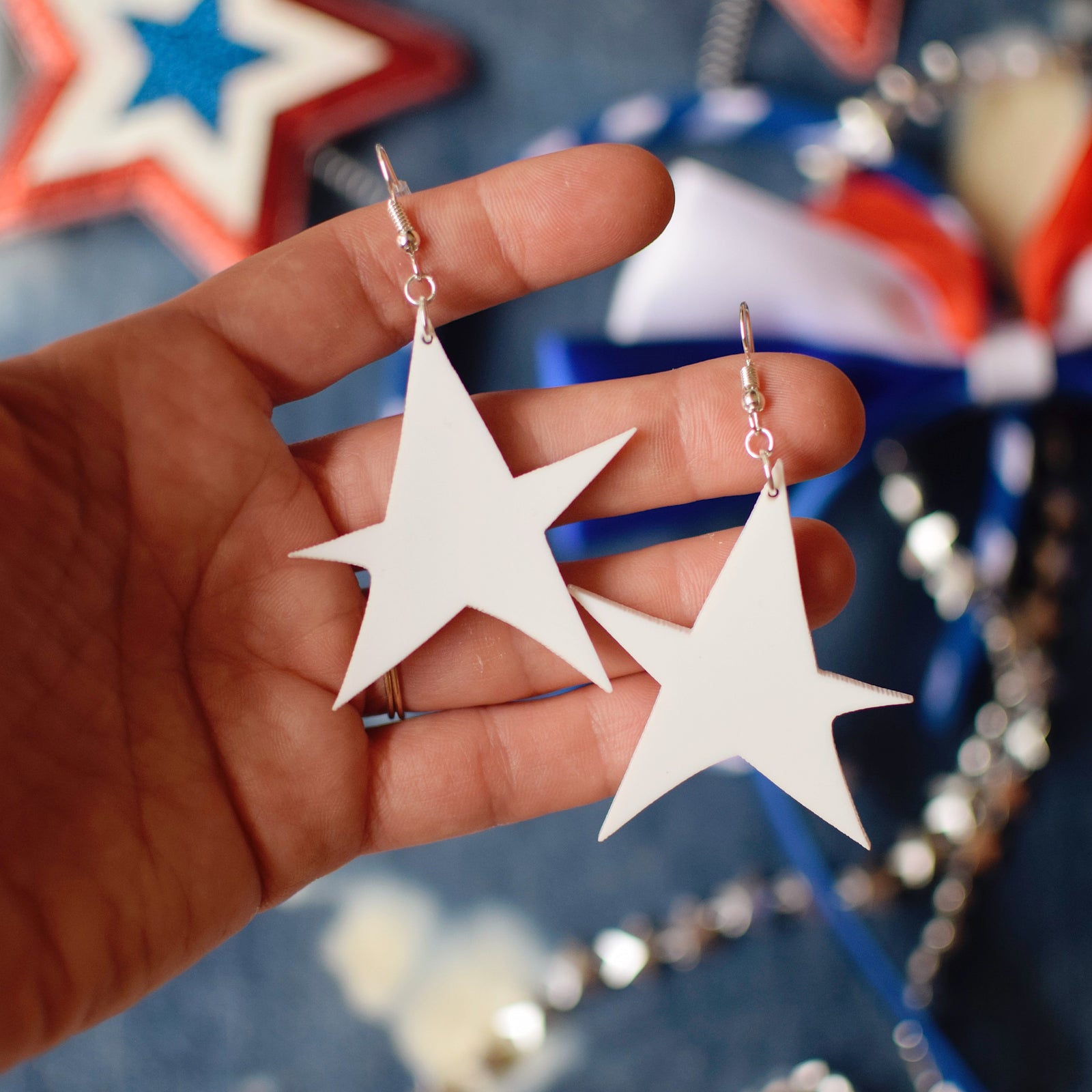 Earrings - 4th of July - Funky Star Dangles - White