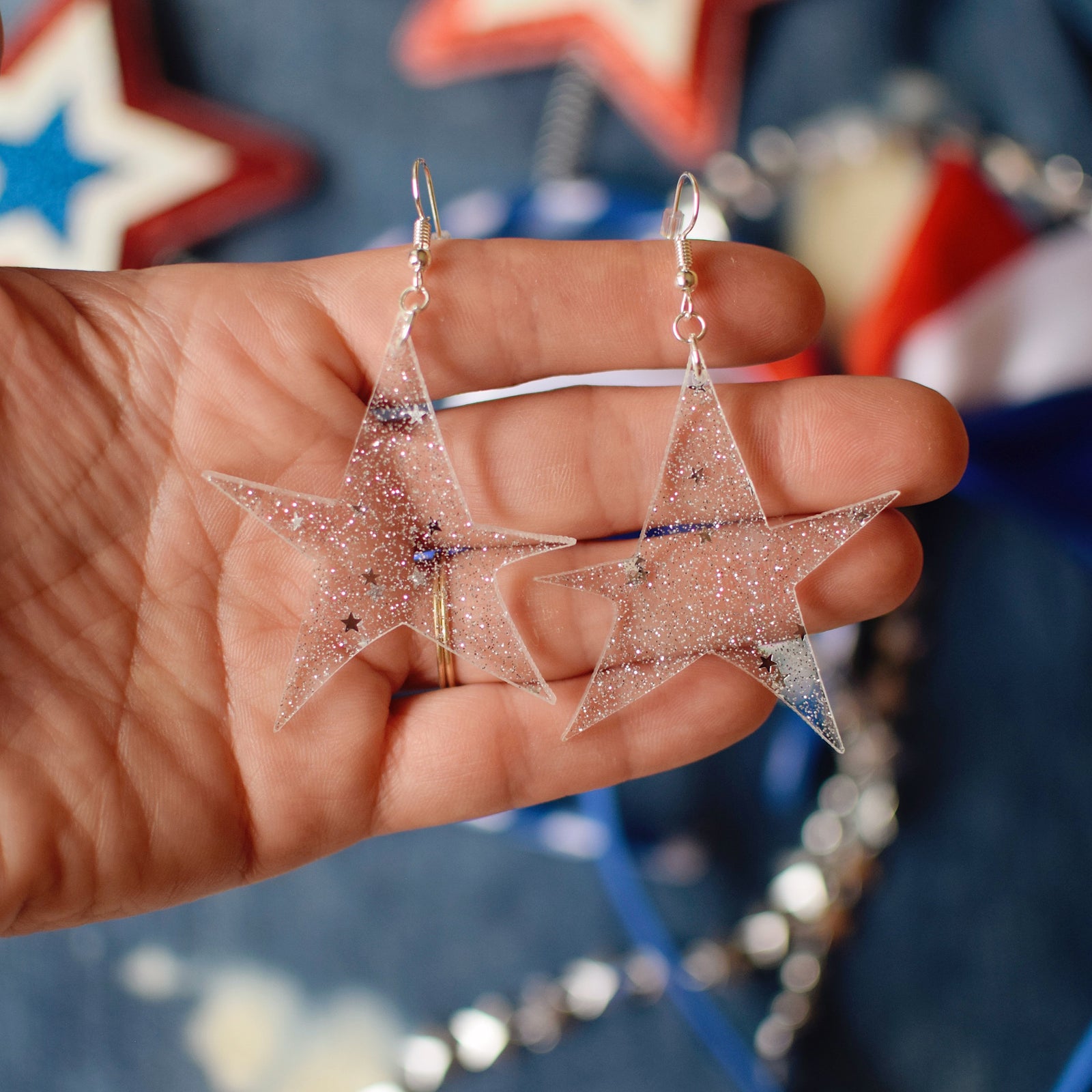Earrings - 4th of July - Funky Star Dangles - Silver Sparkle Star