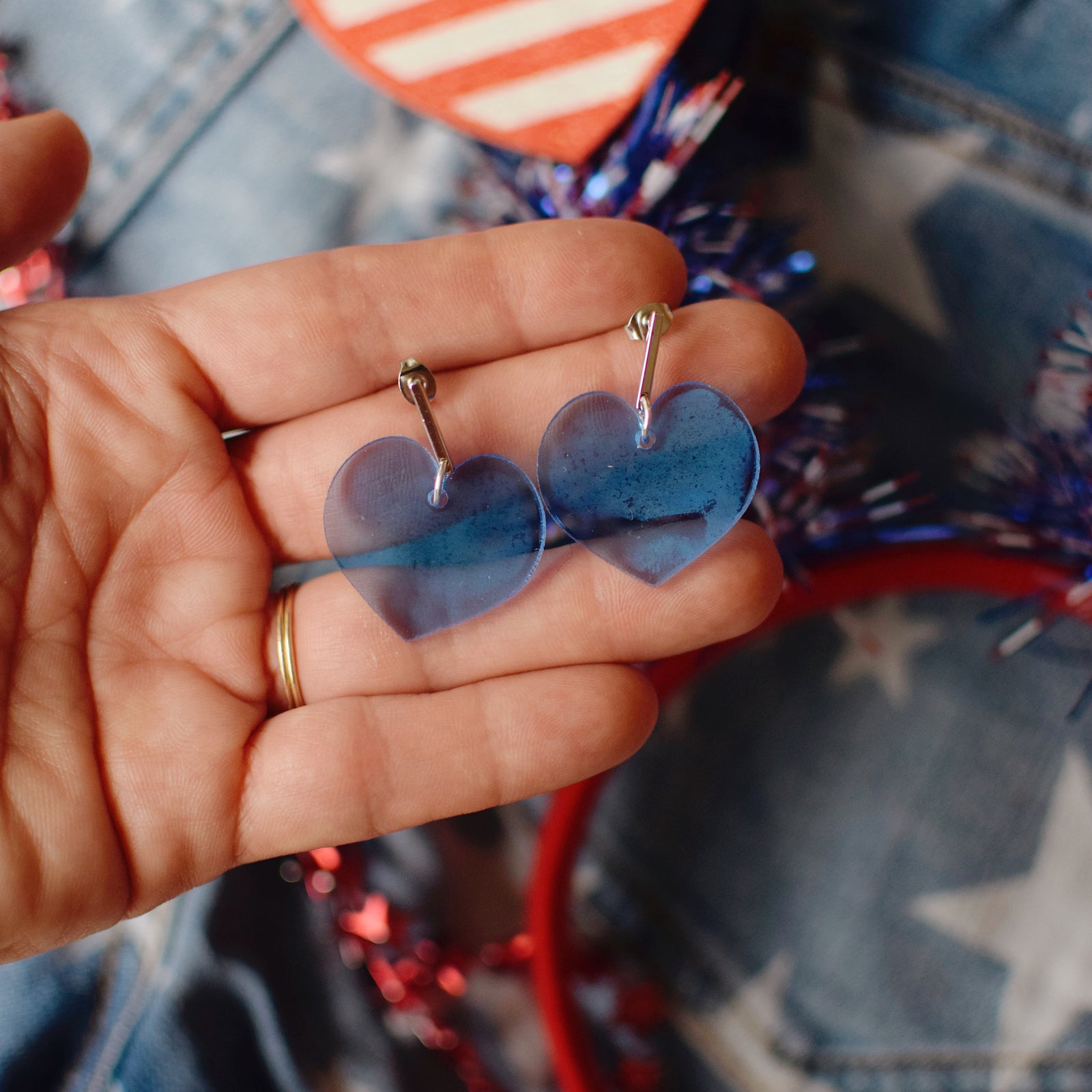 Earrings - 4th of July - Dainty Heart Dangles - Translucent Blue