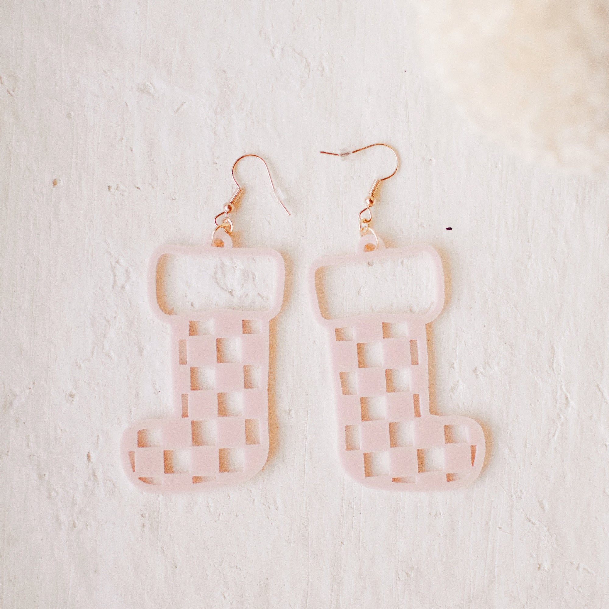 Earrings - Christmas - Pink Checkered Stocking Dangles