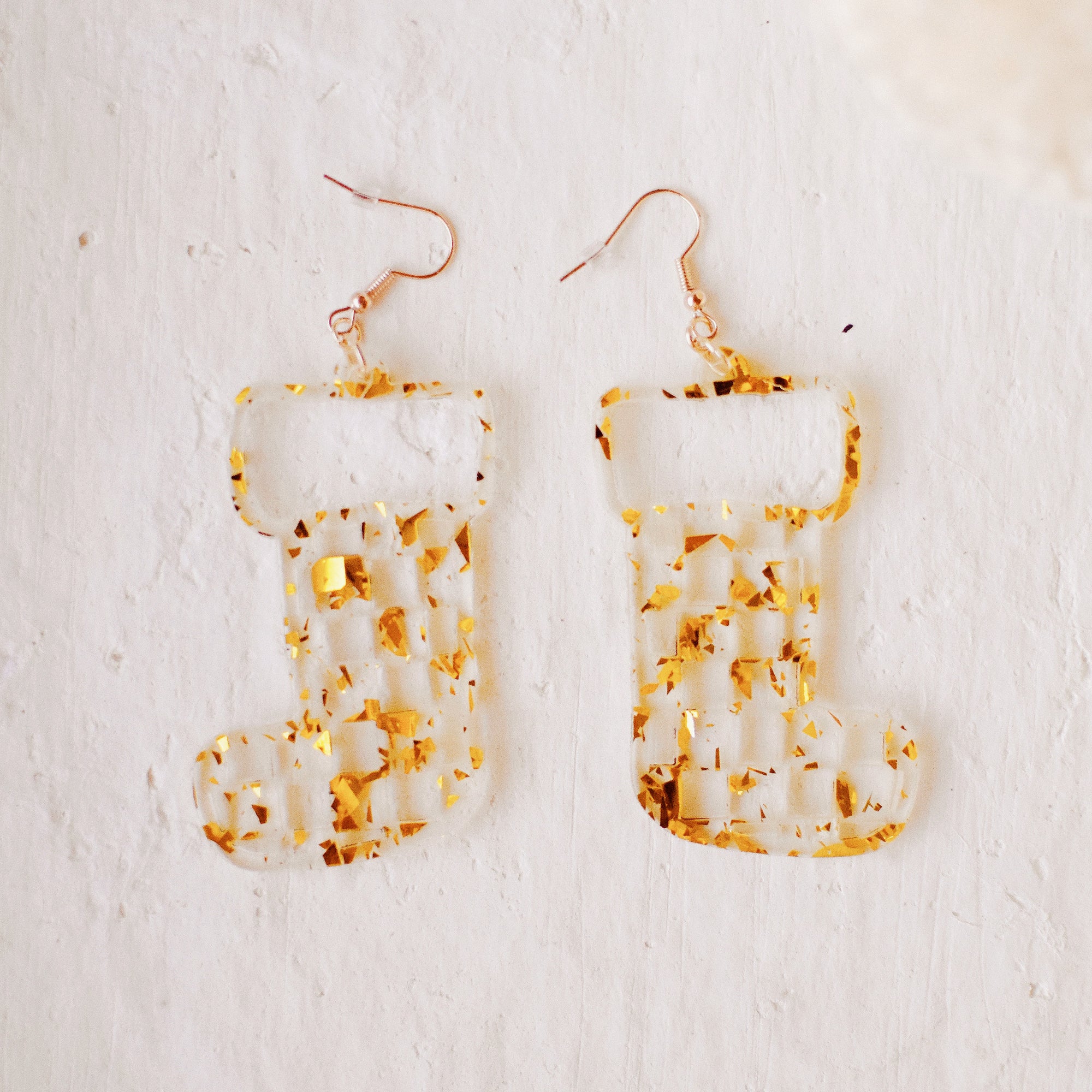 Earrings - Christmas - Confetti Gold Checkered Stocking Dangles