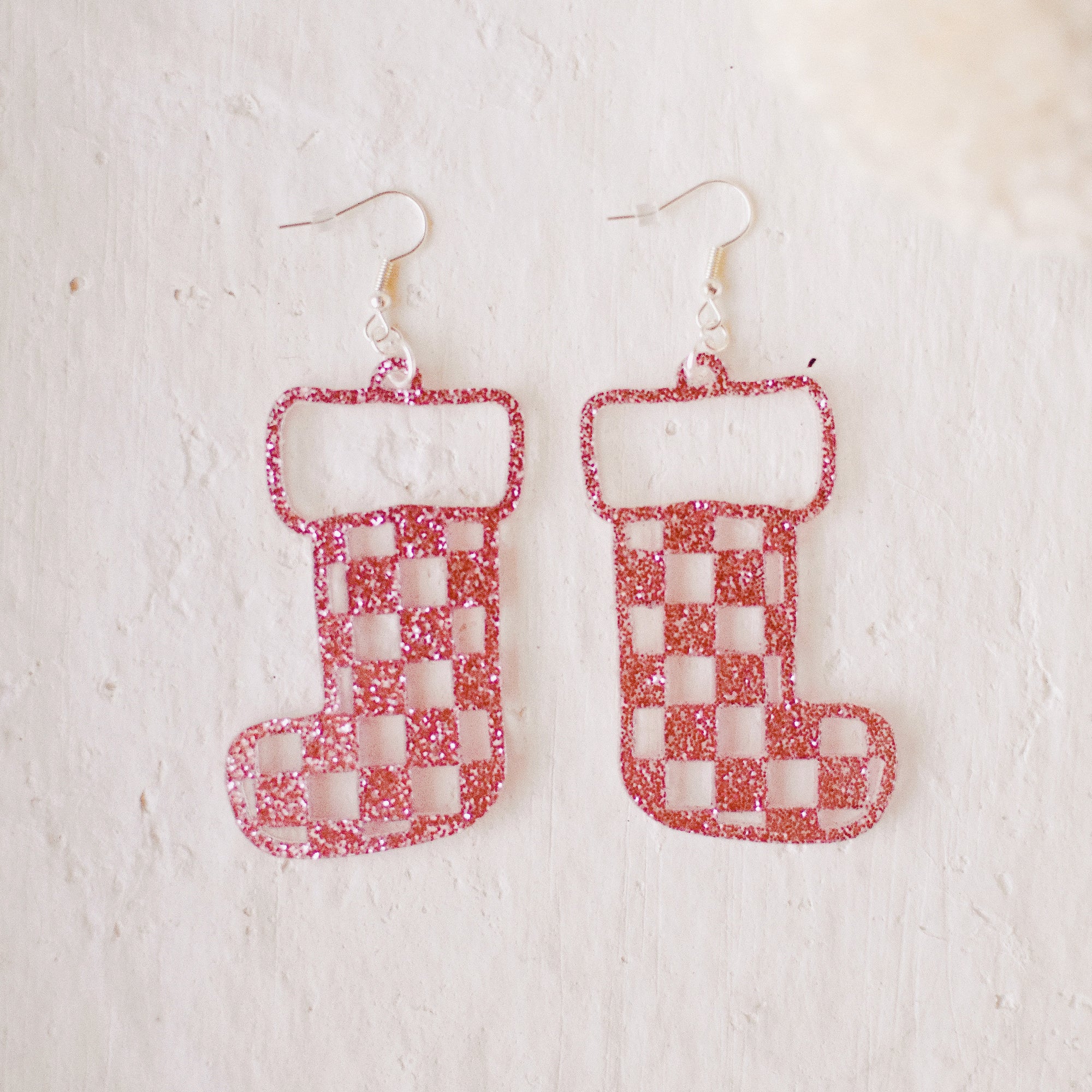 Earrings - Christmas - Sparkle Pink Checkered Stocking Dangles