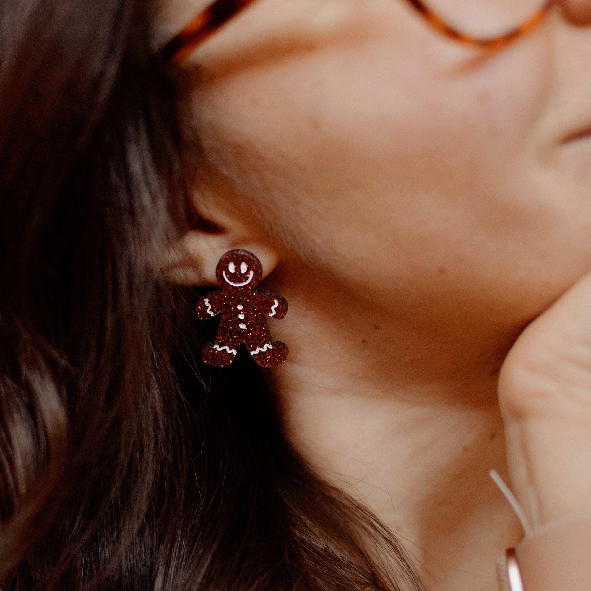 Earrings - Christmas - Pink/Brown Smiley Gingerbread Studs