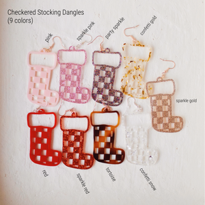 Earrings - Christmas - Pink Checkered Stocking Dangles