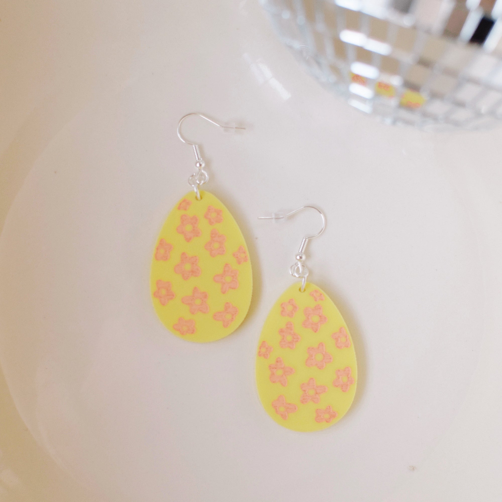 Earrings - Spring/Easter - Butter Yellow Floral Egg Dangles